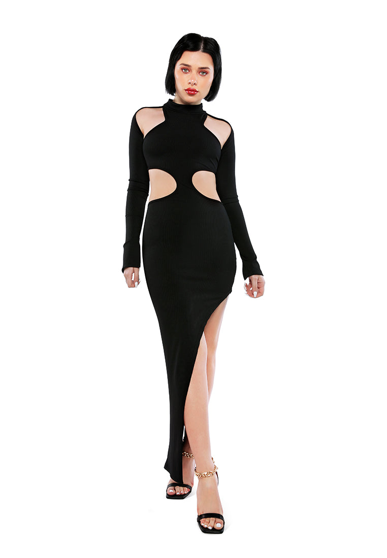 A stylish Cut Out Black Bodycon Maxi Dress featuring long sleeves, a turtleneck collar, and a thigh-high slit, showcasing a modern and elegant design.