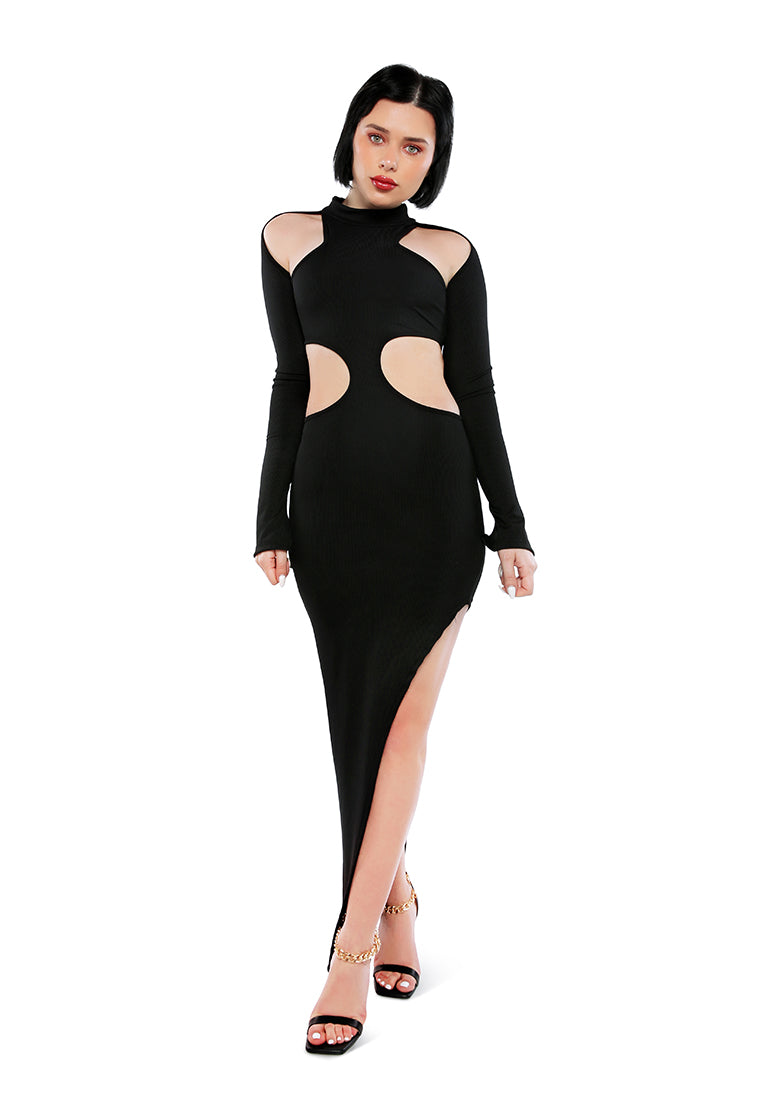 A stylish Cut Out Black Bodycon Maxi Dress featuring long sleeves, a turtleneck collar, and a thigh-high slit, showcasing a modern and elegant design.