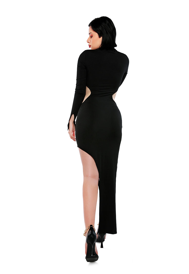 A stylish Cut Out Black Bodycon Maxi Dress featuring long sleeves, a turtleneck collar, and a thigh-high slit, showcasing a modern and elegant design.