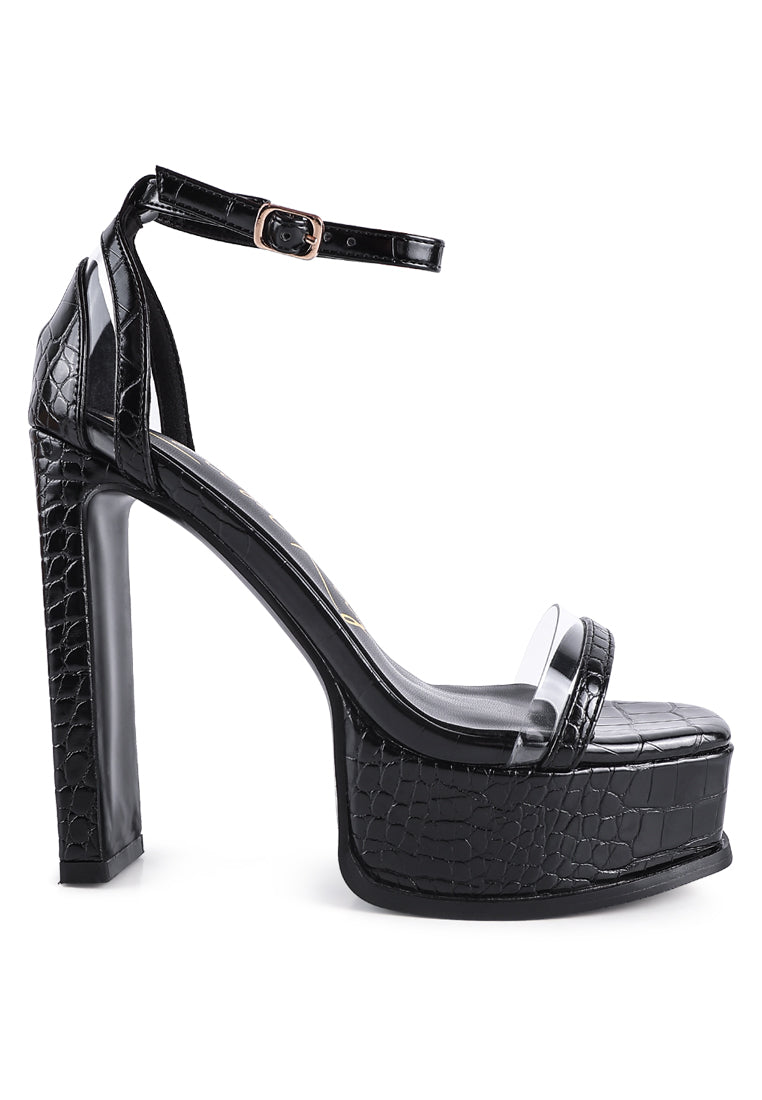 Stylish Cutlass High Heeled Chunky Sandals featuring croc texture, ankle strap, and high slim block heels.