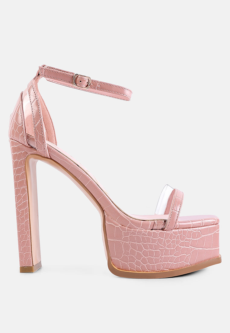 Stylish Cutlass High Heeled Chunky Sandals featuring croc texture, ankle strap, and high slim block heels.