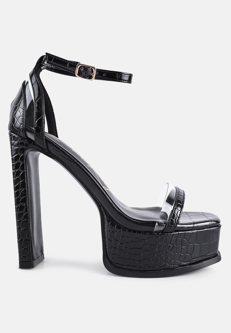 Stylish Cutlass High Heeled Chunky Sandals featuring croc texture, ankle strap, and high slim block heels.