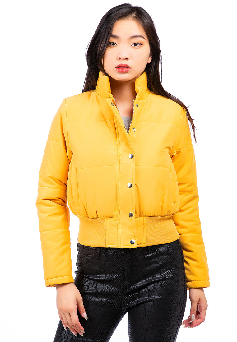 A stylish Cut-Out Collar Puffer Jacket featuring a cropped design, long sleeves, and two side pockets, perfect for layering in cold weather.