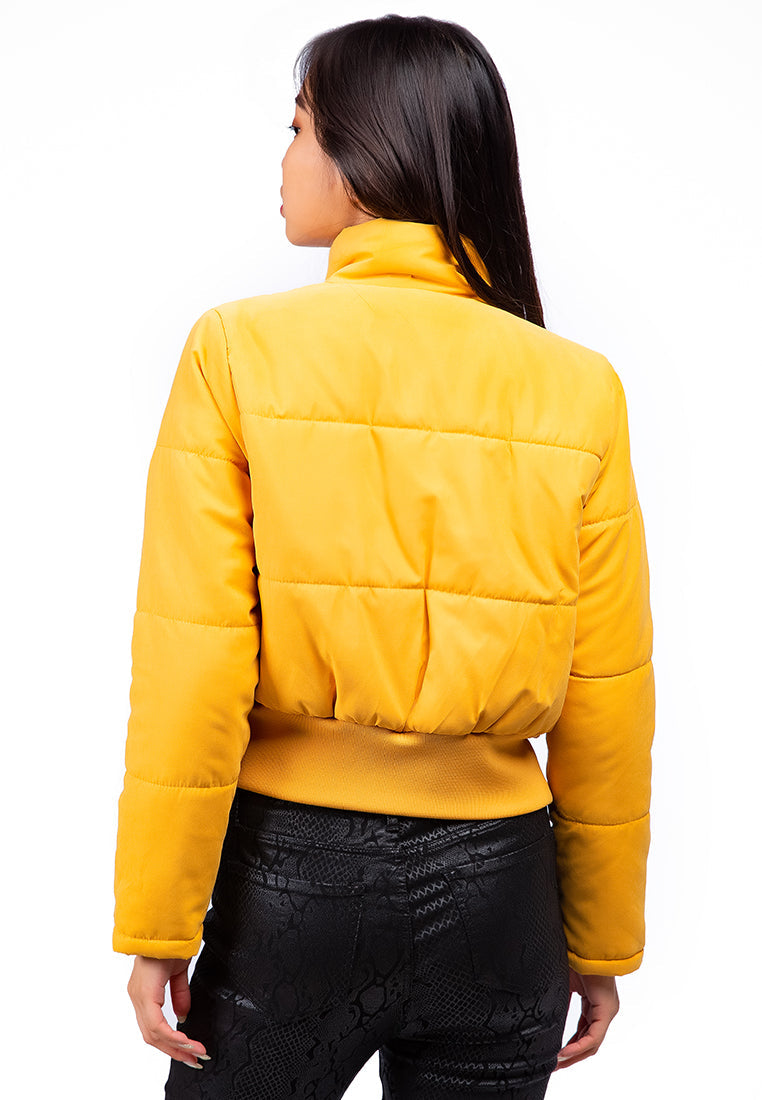 A stylish Cut-Out Collar Puffer Jacket featuring a cropped design, long sleeves, and two side pockets, perfect for layering in cold weather.