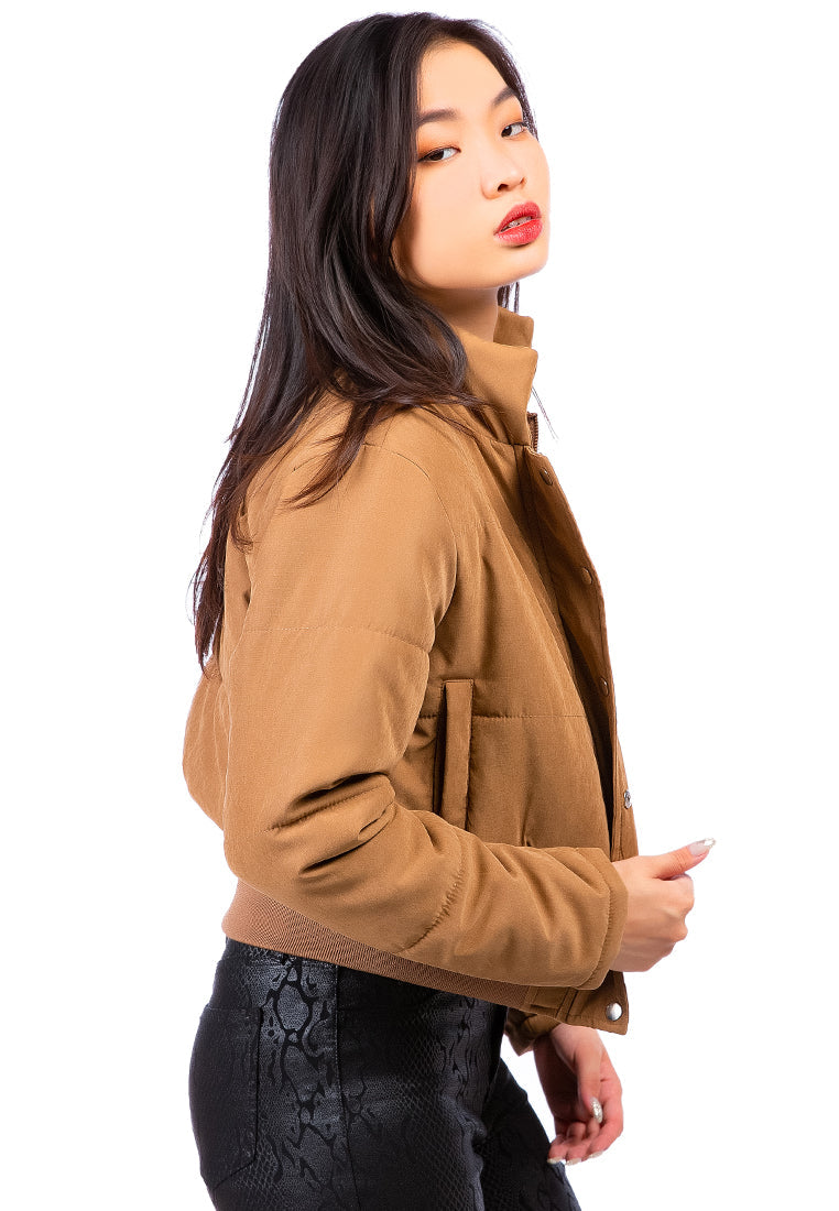 A stylish Cut-Out Collar Puffer Jacket featuring a cropped design, long sleeves, and two side pockets, perfect for layering in cold weather.