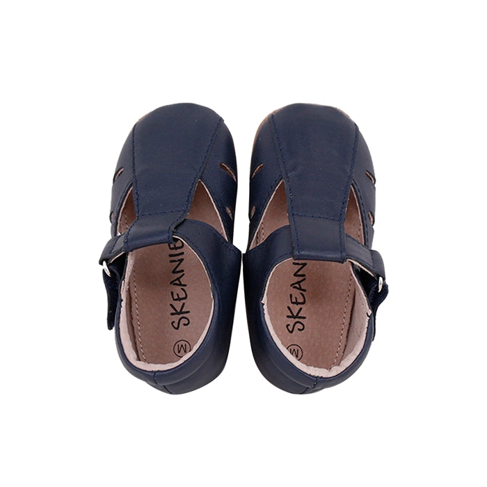 Dakota Baby & Toddler First/Pre Walker Shoes in Navy, made from soft leather with a hook and loop fastener.