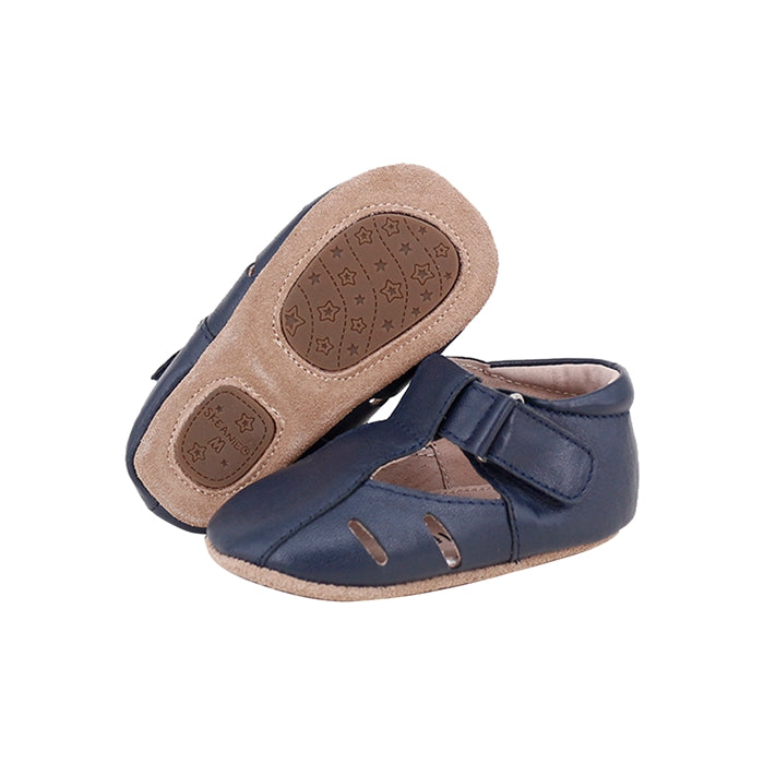 Dakota Baby & Toddler First/Pre Walker Shoes in Navy, made from soft leather with a hook and loop fastener.