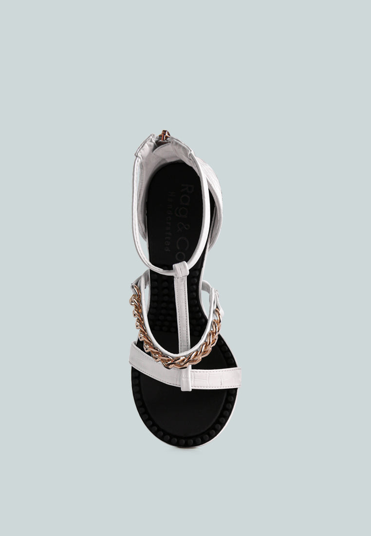 Dakota Metal Chain Mid Heel Sandals featuring a stylish T-strap design with a metal chain detail, available in black, white, and latte colors.