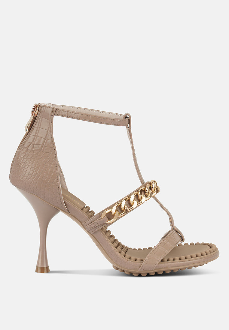 Dakota Metal Chain Mid Heel Sandals featuring a stylish T-strap design with a metal chain detail, available in black, white, and latte colors.