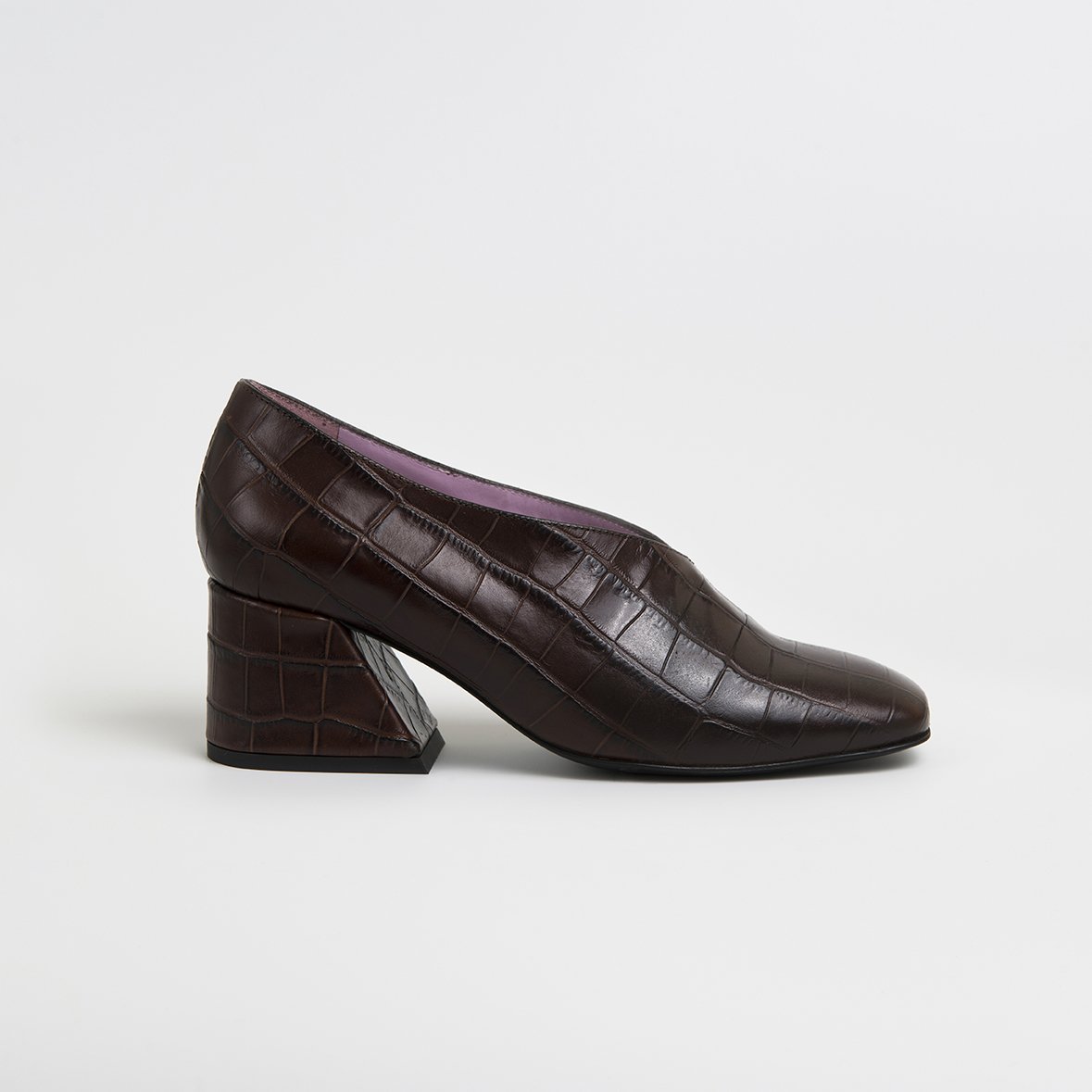 DALE Brown Leather Mid Heel Pumps with square toe and cushioned insole, handcrafted in Portugal from crocodile embossed leather.