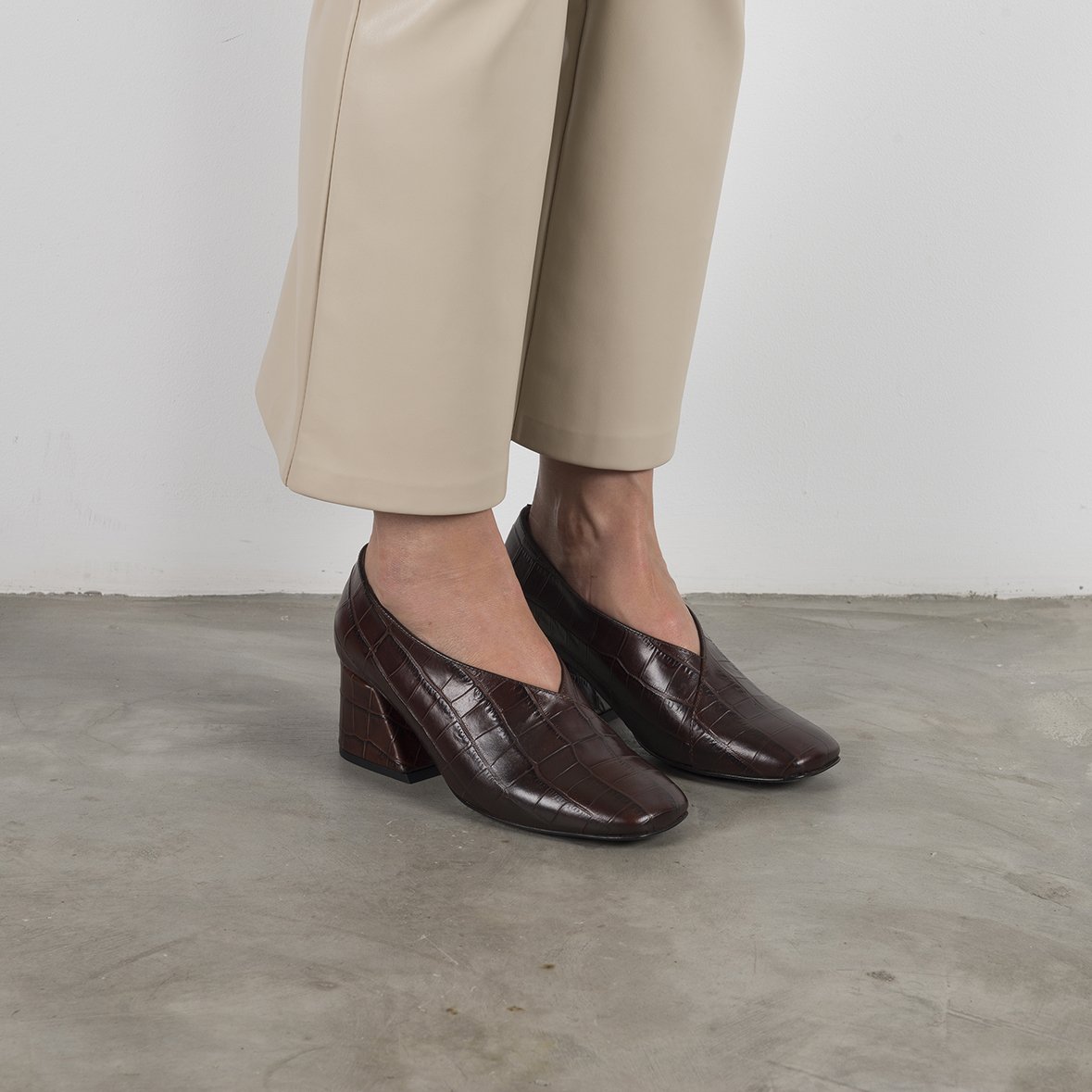 DALE Brown Leather Mid Heel Pumps with square toe and cushioned insole, handcrafted in Portugal from crocodile embossed leather.