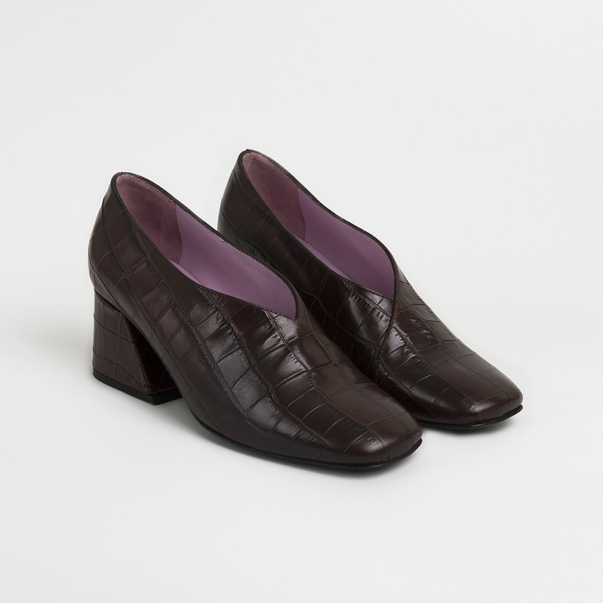 DALE Brown Leather Mid Heel Pumps with square toe and cushioned insole, handcrafted in Portugal from crocodile embossed leather.