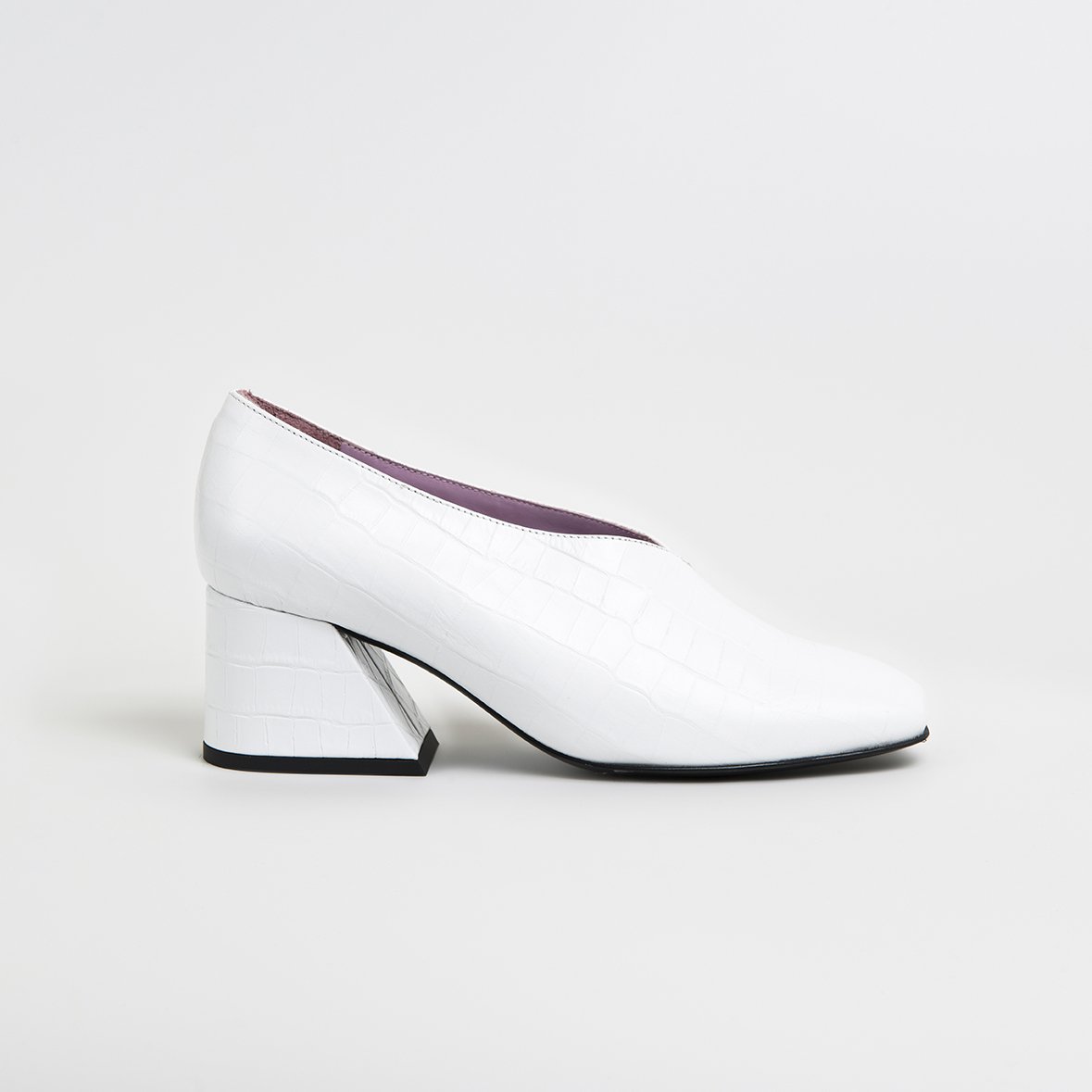 DALE White Leather Mid Heel Pumps with square toe and crocodile embossed design, handcrafted in Portugal.