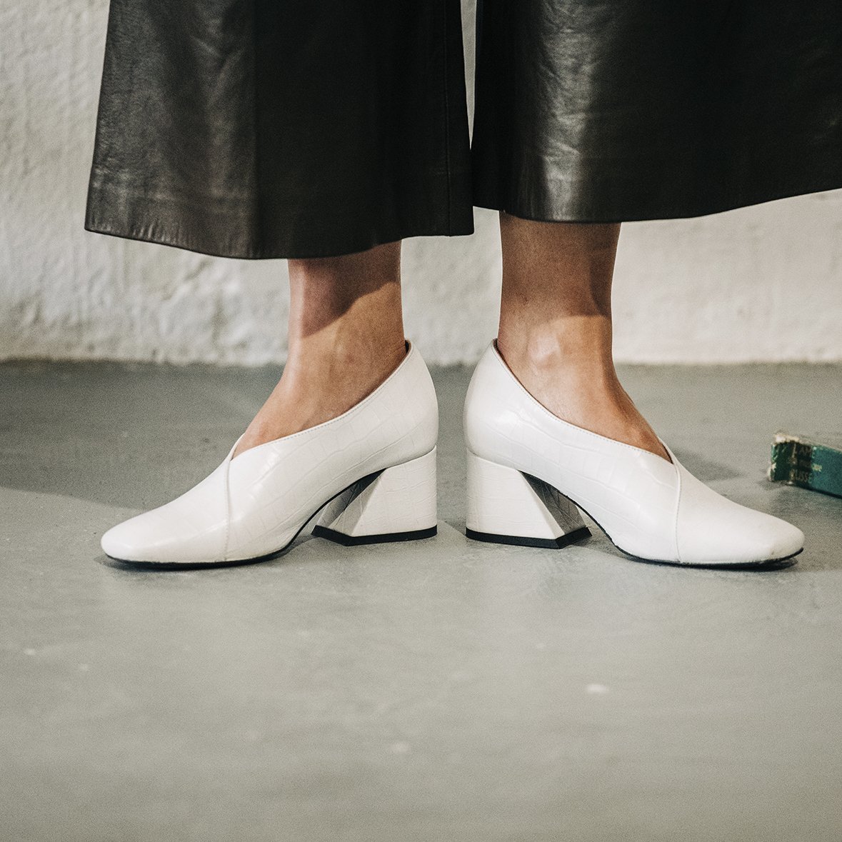 DALE White Leather Mid Heel Pumps with square toe and crocodile embossed design, handcrafted in Portugal.