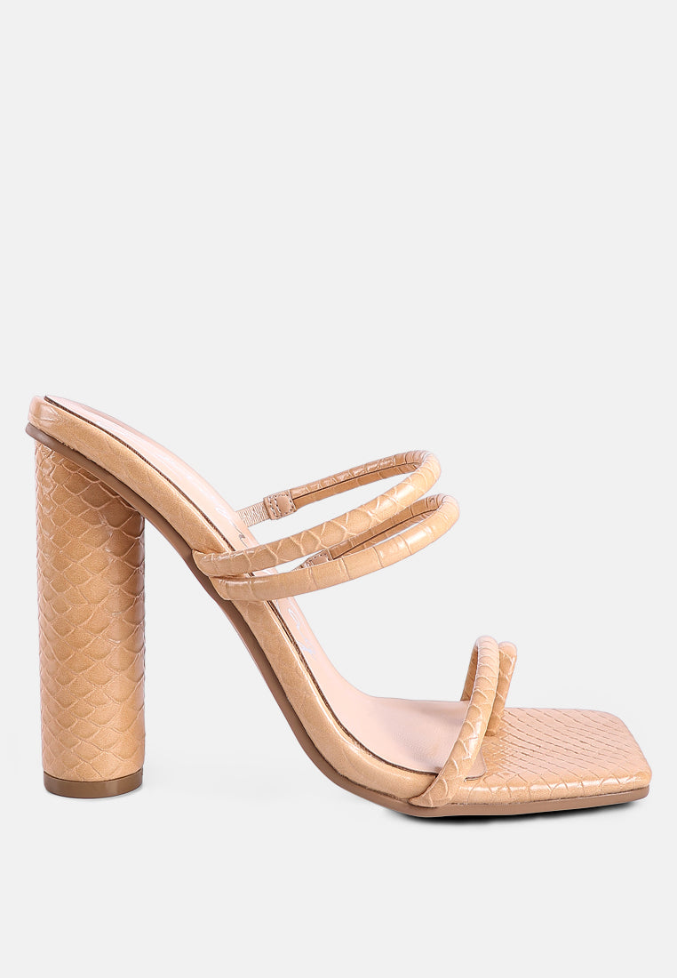 Dandelion High Block Heeled Croc Sandals featuring shiny crinkled patent PU, elastic straps, and a square toe design.