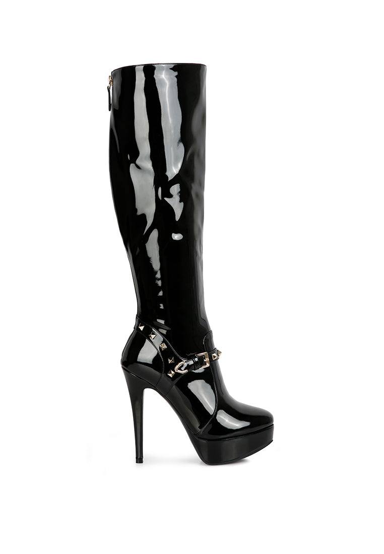 Daphne Stiletto Heeled Mid Calf Boots featuring prism studded straps, almond toe, and back zipper opening, perfect for stylish evening wear.