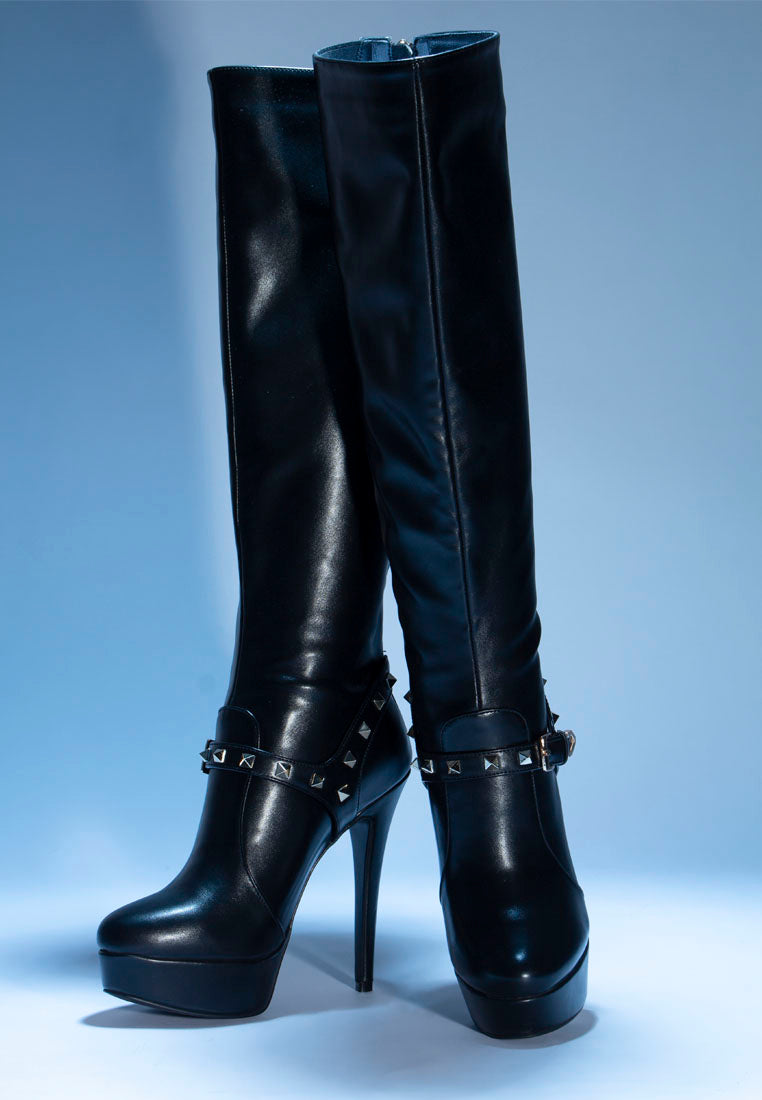 Daphne Stiletto Heeled Mid Calf Boots featuring prism studded straps, almond toe, and back zipper opening, perfect for stylish evening wear.