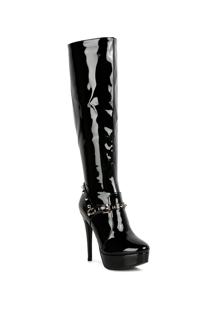 Daphne Stiletto Heeled Mid Calf Boots featuring prism studded straps, almond toe, and back zipper opening, perfect for stylish evening wear.