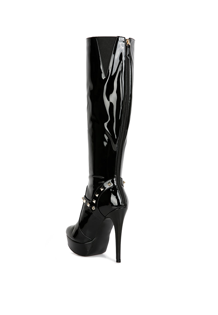 Daphne Stiletto Heeled Mid Calf Boots featuring prism studded straps, almond toe, and back zipper opening, perfect for stylish evening wear.