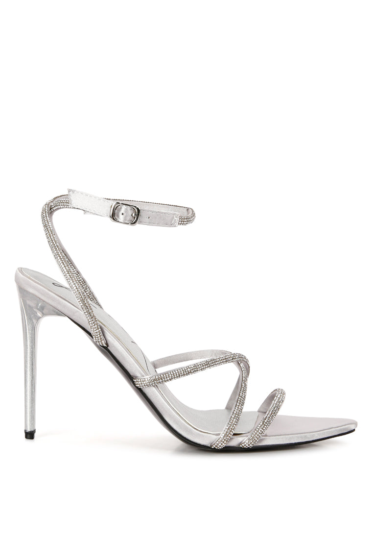 Dare Me Rhinestone Embellished Stiletto Sandals featuring rhinestone straps and a high heel design, perfect for weddings and parties.