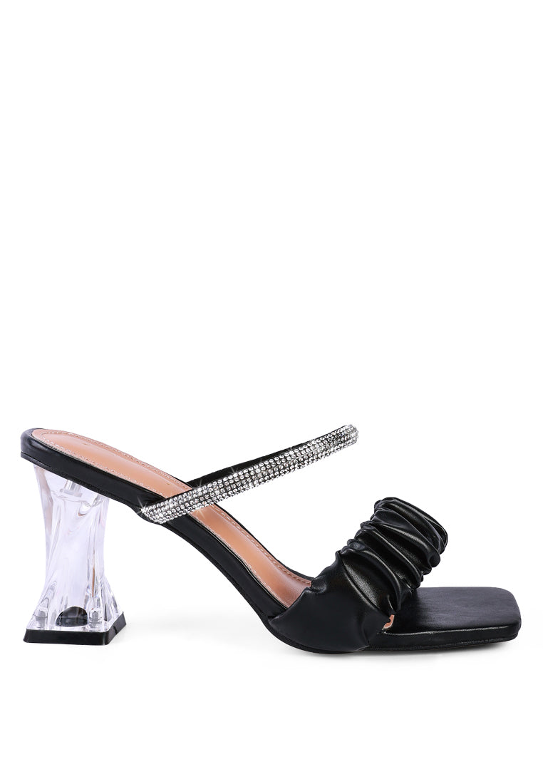 Date Look Clear Heel Rhinestone Sandals featuring ruched straps and clear mid heel, adorned with sparkling rhinestones.