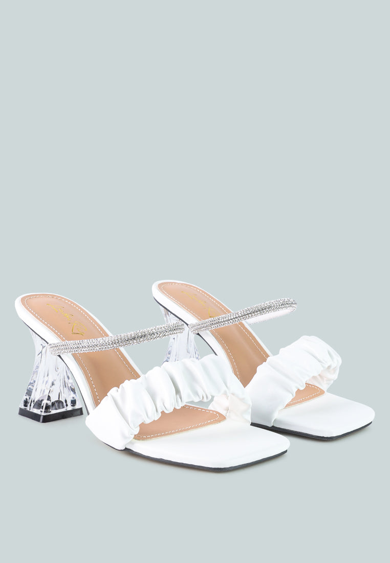 Date Look Clear Heel Rhinestone Sandals featuring ruched straps and clear mid heel, adorned with sparkling rhinestones.