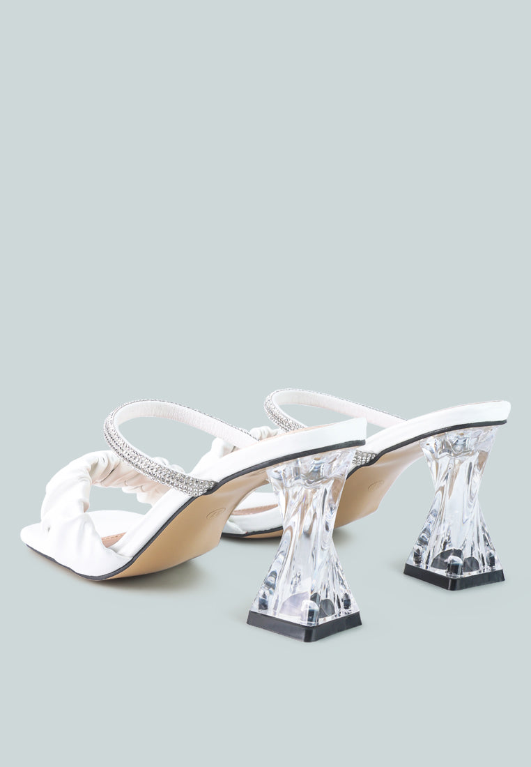 Date Look Clear Heel Rhinestone Sandals featuring ruched straps and clear mid heel, adorned with sparkling rhinestones.