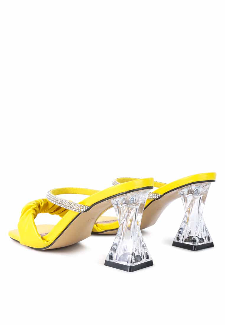 Date Look Clear Heel Rhinestone Sandals featuring ruched straps and clear mid heel, adorned with sparkling rhinestones.