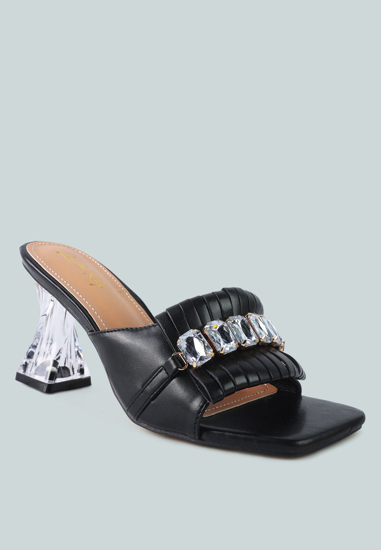 Deeba Diamante Embellishment Clear Spool Heel Sandals featuring rhinestone details and ruched straps, perfect for casual occasions.