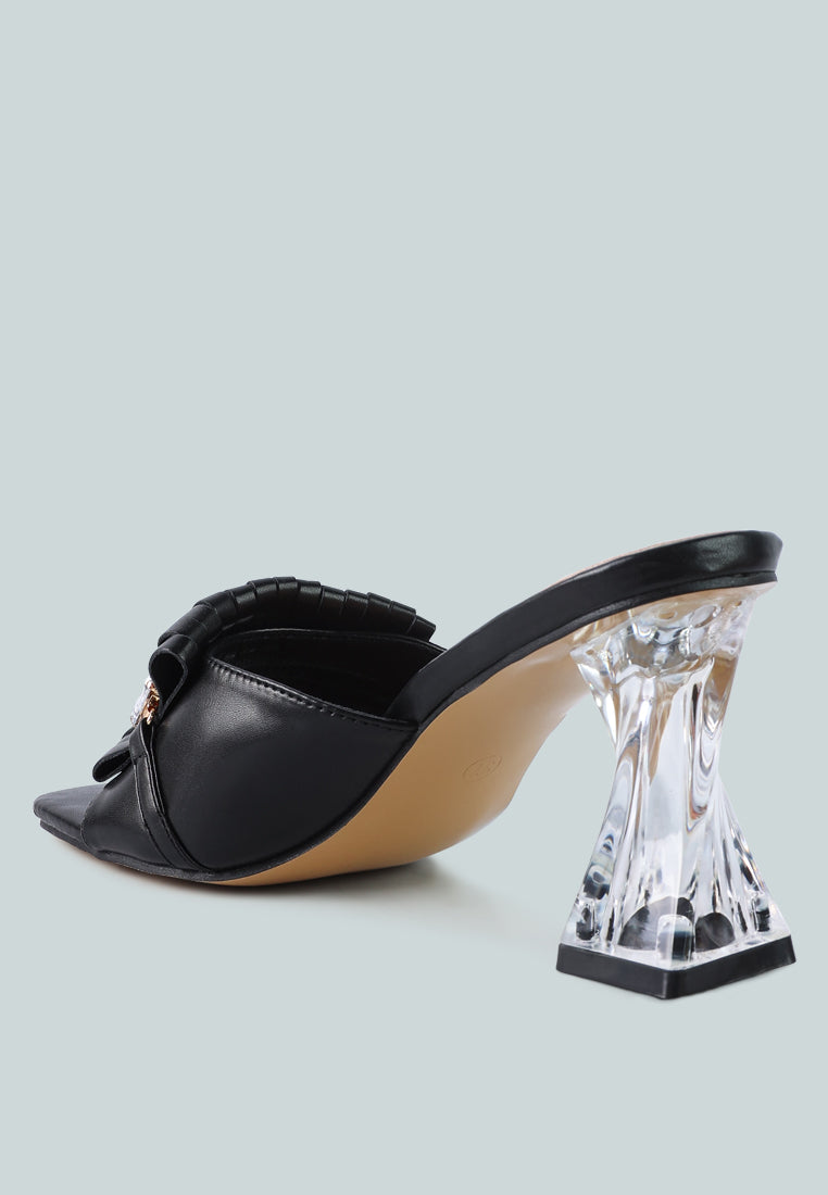 Deeba Diamante Embellishment Clear Spool Heel Sandals featuring rhinestone details and ruched straps, perfect for casual occasions.