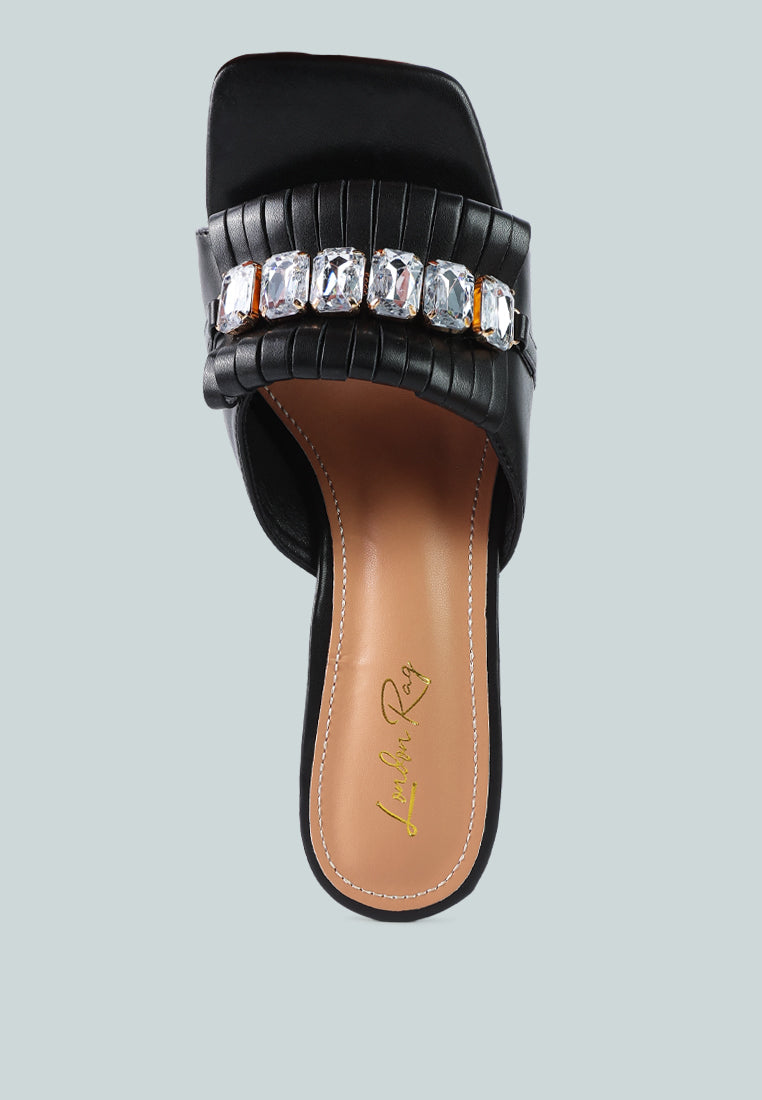 Deeba Diamante Embellishment Clear Spool Heel Sandals featuring rhinestone details and ruched straps, perfect for casual occasions.