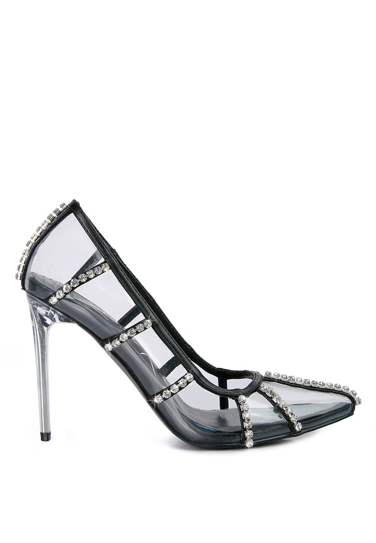 Elegant Diamante Clear Stiletto Heel Pumps featuring a cage design and rhinestone embellishments, perfect for special occasions.