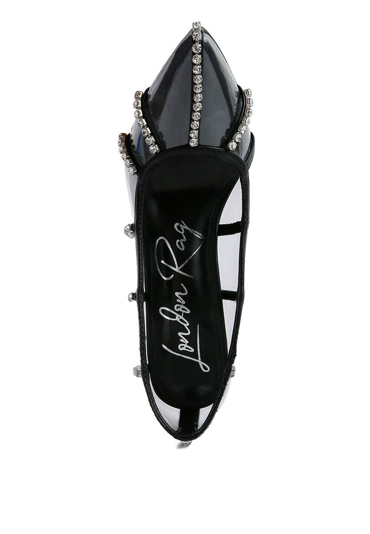 Elegant Diamante Clear Stiletto Heel Pumps featuring a cage design and rhinestone embellishments, perfect for special occasions.