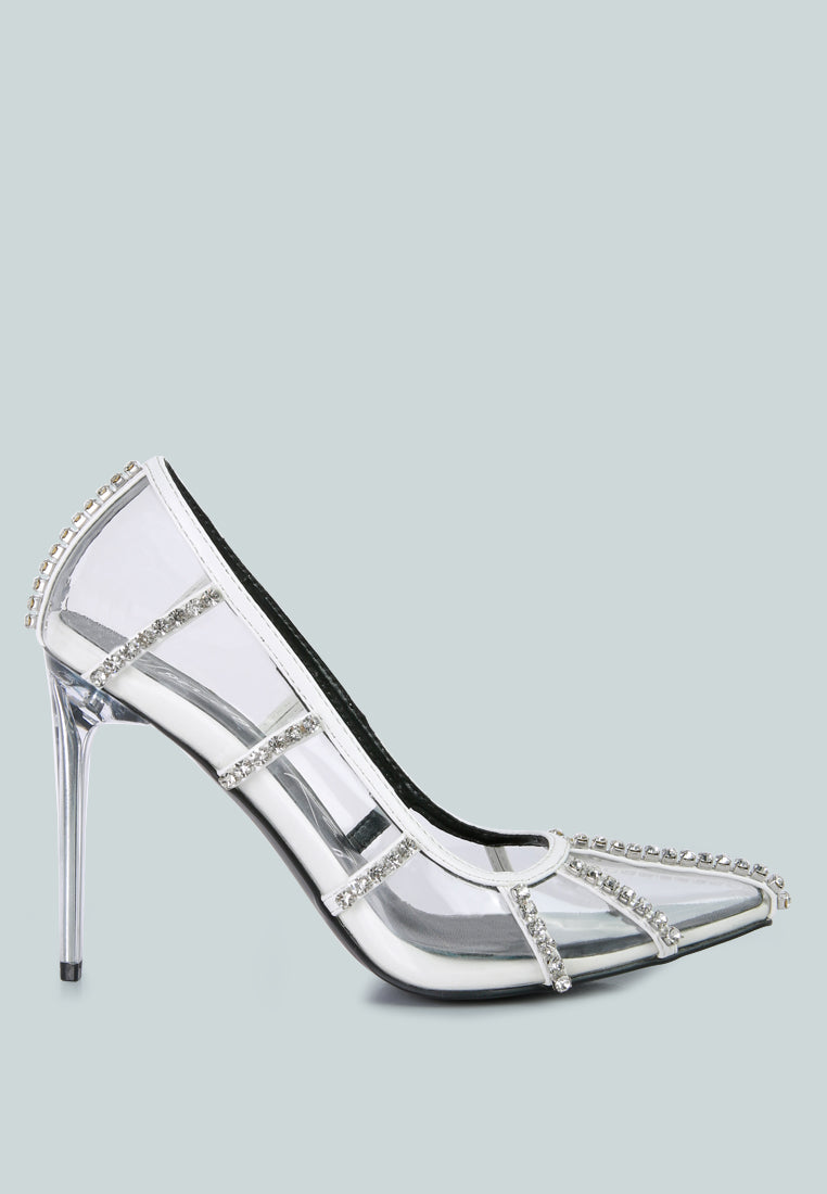 Elegant Diamante Clear Stiletto Heel Pumps featuring a cage design and rhinestone embellishments, perfect for special occasions.