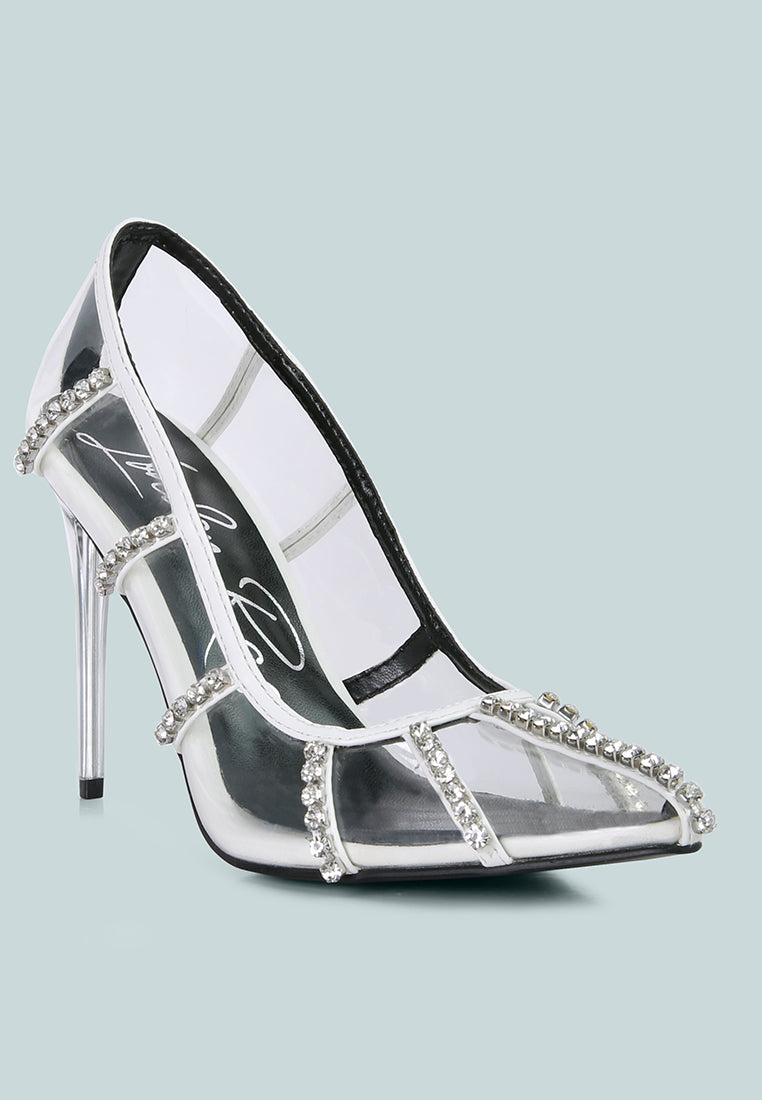 Elegant Diamante Clear Stiletto Heel Pumps featuring a cage design and rhinestone embellishments, perfect for special occasions.