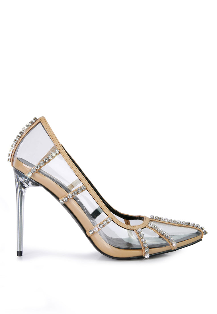 Elegant Diamante Clear Stiletto Heel Pumps featuring a cage design and rhinestone embellishments, perfect for special occasions.