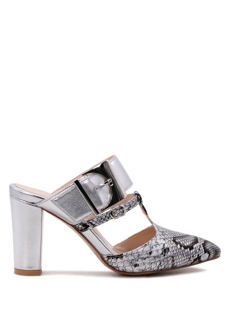 Dina Pointed-Toe High Heel Mules in snake print design, showcasing the elegant pointed toe and adjustable buckle.