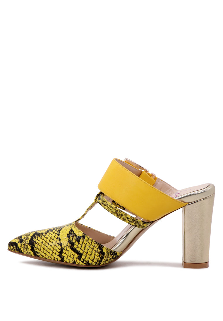 Dina Pointed-Toe High Heel Mules in snake print design, showcasing the elegant pointed toe and adjustable buckle.