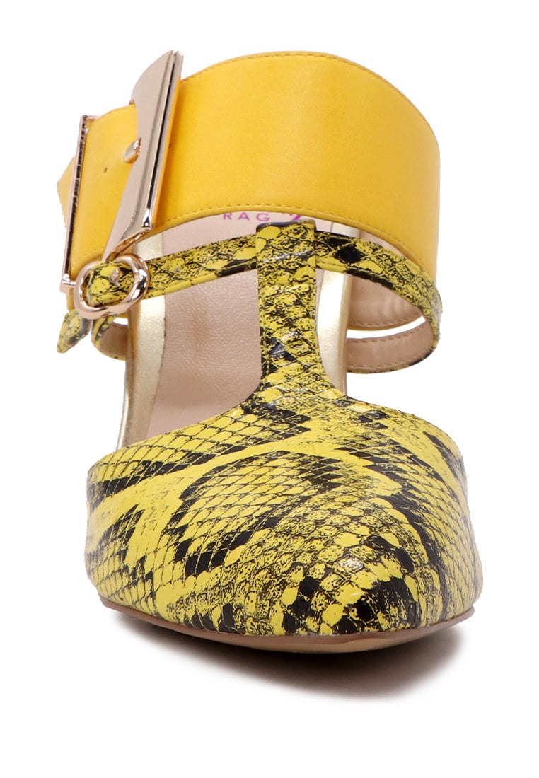 Dina Pointed-Toe High Heel Mules in snake print design, showcasing the elegant pointed toe and adjustable buckle.