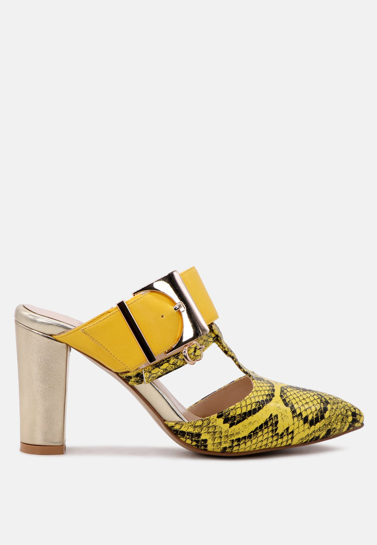 Dina Pointed-Toe High Heel Mules in snake print design, showcasing the elegant pointed toe and adjustable buckle.