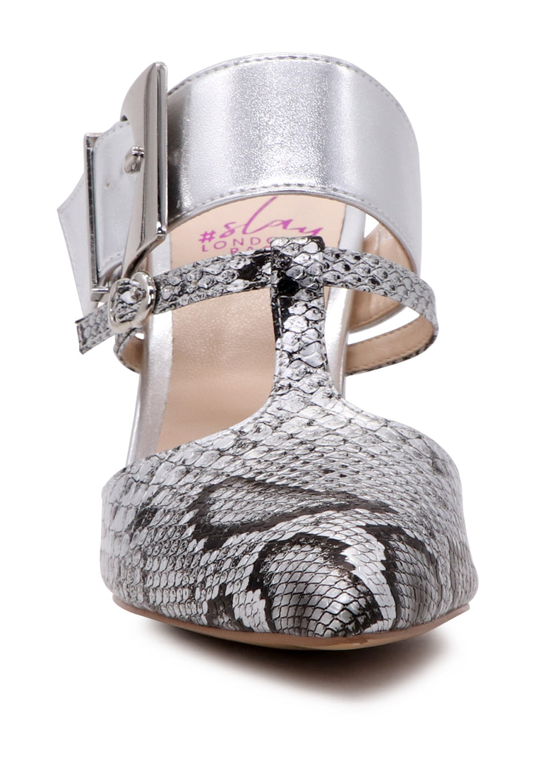 Dina Pointed-Toe High Heel Mules in snake print design, showcasing the elegant pointed toe and adjustable buckle.