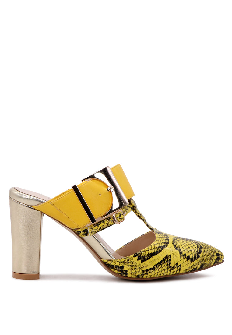 Dina Pointed-Toe High Heel Mules in snake print design, showcasing the elegant pointed toe and adjustable buckle.