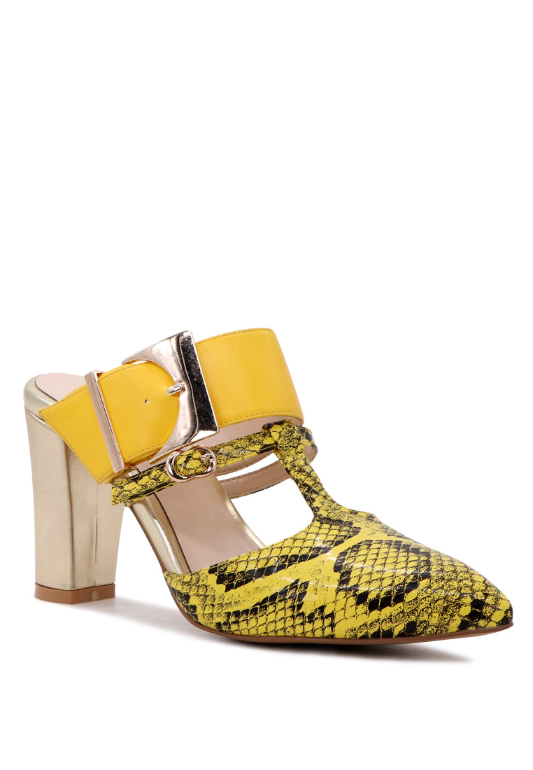 Dina Pointed-Toe High Heel Mules in snake print design, showcasing the elegant pointed toe and adjustable buckle.