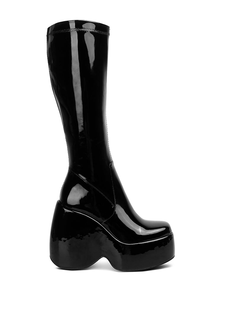 Dirty Dance Patent High Platform Calf Boots featuring a glossy patent finish, high wedge heel, and stylish side zipper detail.