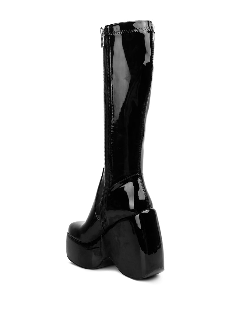 Dirty Dance Patent High Platform Calf Boots featuring a glossy patent finish, high wedge heel, and stylish side zipper detail.