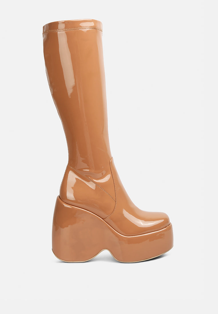 Dirty Dance Patent High Platform Calf Boots featuring a glossy patent finish, high wedge heel, and stylish side zipper detail.