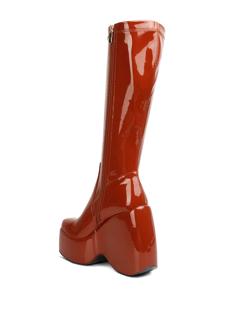 Dirty Dance Patent High Platform Calf Boots featuring a glossy patent finish, high wedge heel, and stylish side zipper detail.