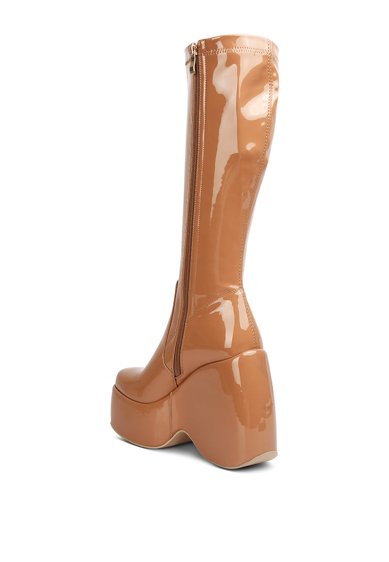 Dirty Dance Patent High Platform Calf Boots featuring a glossy patent finish, high wedge heel, and stylish side zipper detail.