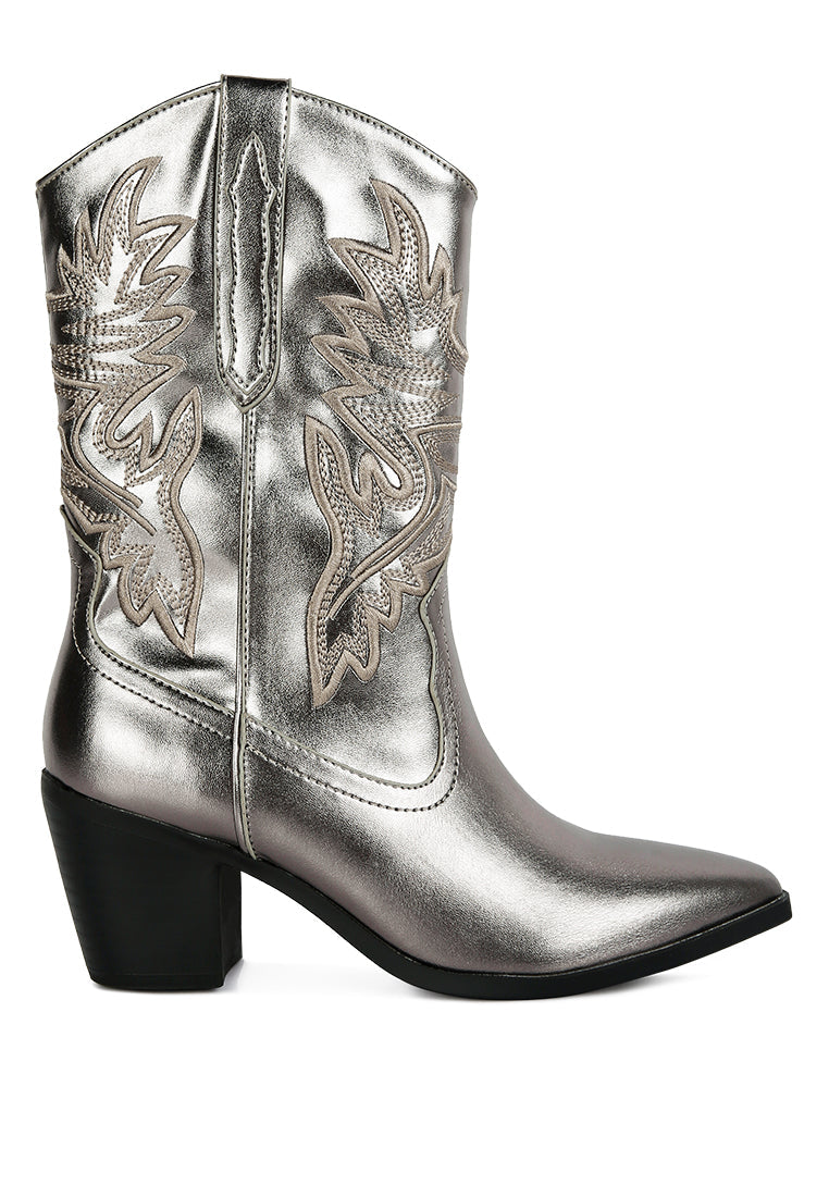 Dixom Western Cowboy Ankle Boots featuring intricate embroidery, low block heel, and side zipper opening.