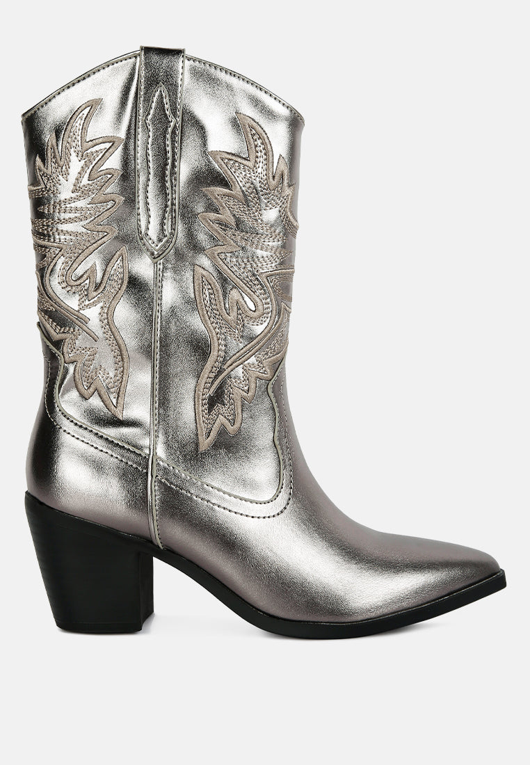 Dixom Western Cowboy Ankle Boots featuring intricate embroidery, low block heel, and side zipper opening.